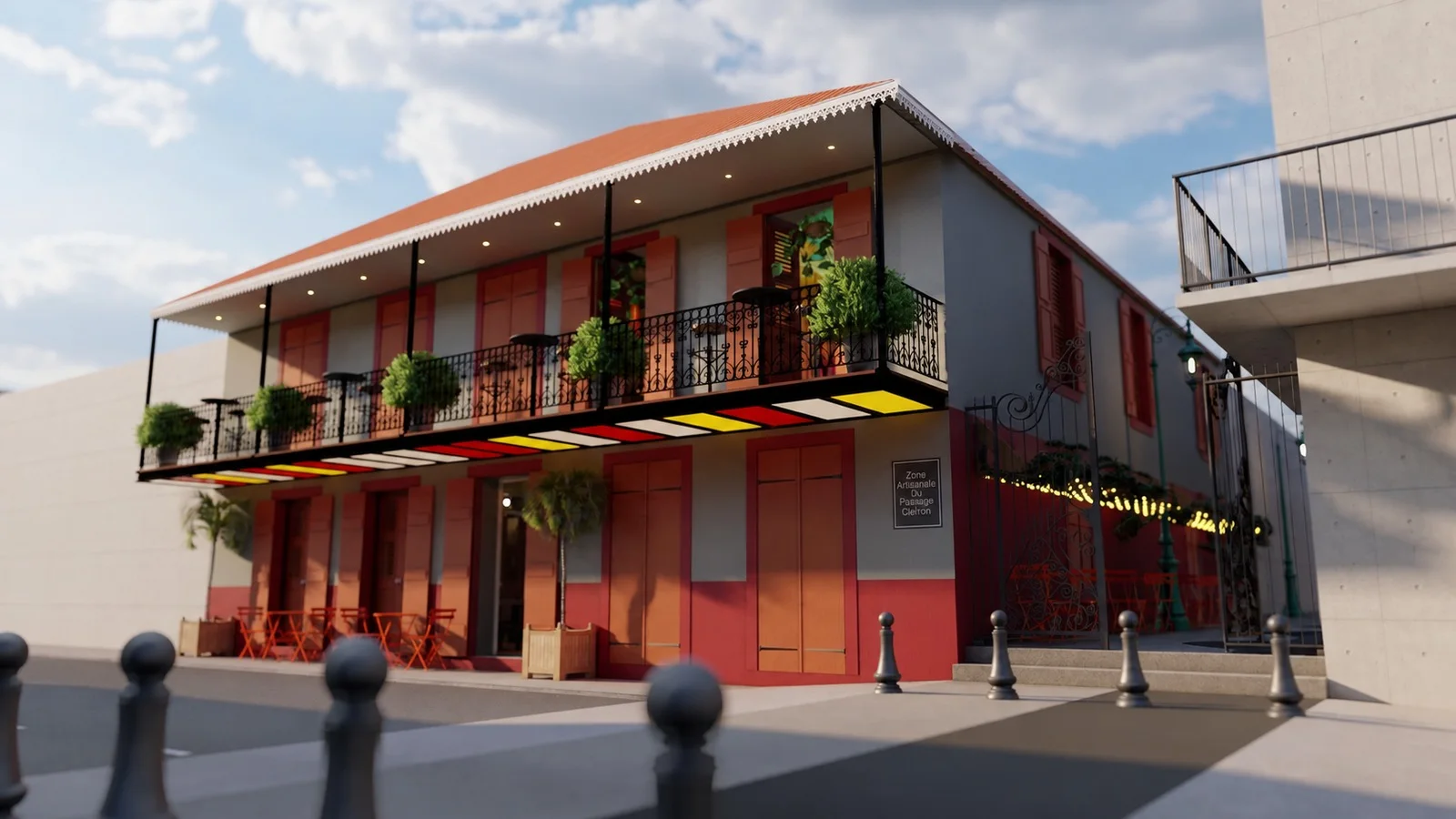 Rendu de l'angle après transformation : toiture restituée, façade colorée, balcon planté et terrasse en pied d'immeuble.
